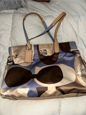 Coach Abstract Signature Tote in Blue, Tan and Brown
